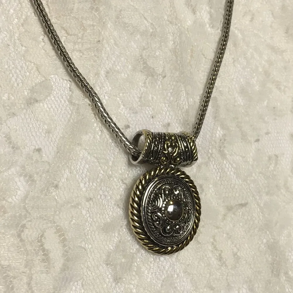 Vintage Silver Gold Tone Mix Necklace Ornate Medallion Woven Style Chain